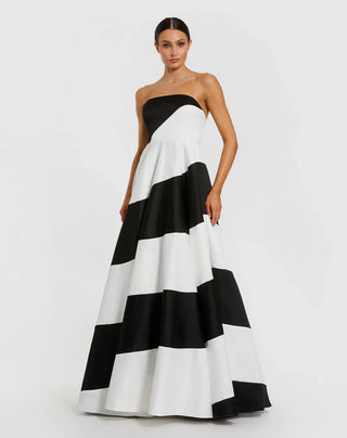 Black and White Striped Satin Strapless Ball Gown