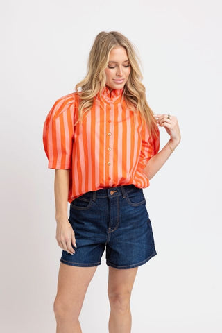 Stripe Button Up Ruffle Neck, Coral