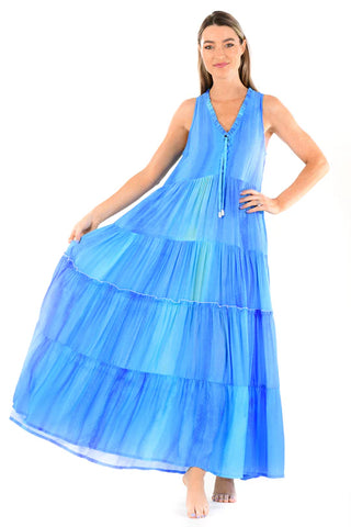 Kaia Dress Long, Blue Watercolor