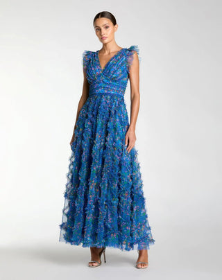 Blue Floral V-Neck Ruffle Maxi Dress