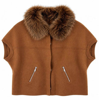 Fur Collar Short Sleeve Cardigan, Pecan