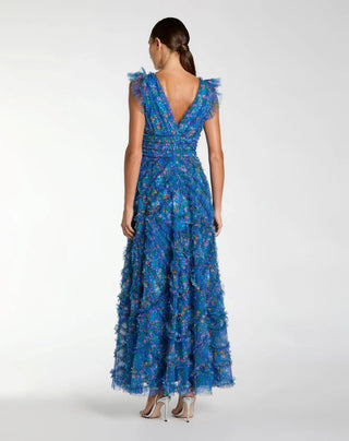 Blue Floral V-Neck Ruffle Maxi Dress