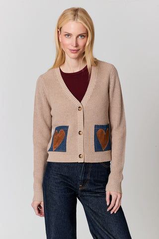 Suede Heart Pocket Cardi, Taupe