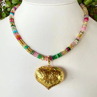 Gold Heart Necklace, Beaded