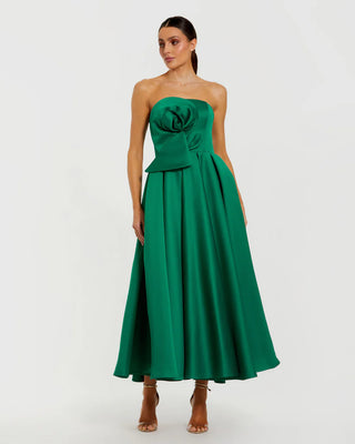 Green Strapless Satin A Line Midi Dress