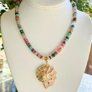 Multi Beaded Necklace + Gold Seashell Pendant