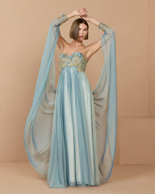 Blue Strapless Embellished Chiffon Cape Gown