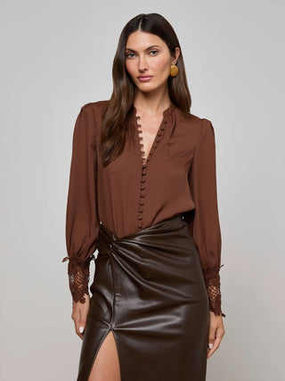 Ava Lace Cuff Blouse, Hot Fudge