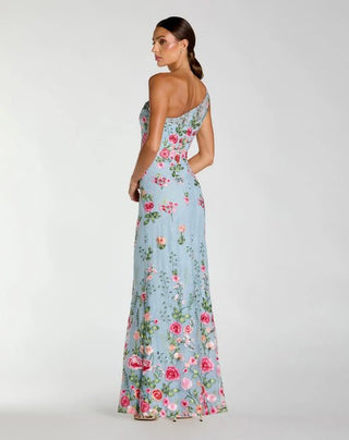 Blue One Shoulder Floral Embroidered Gown
