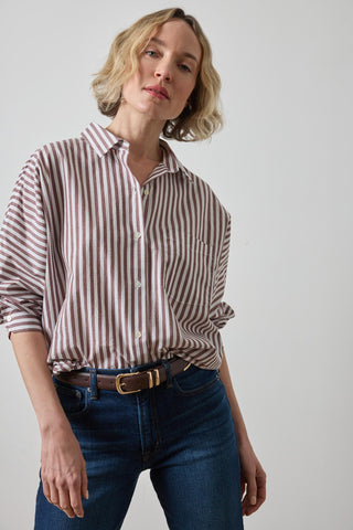 Dolman Sleeve Button Down, Brown Stripe