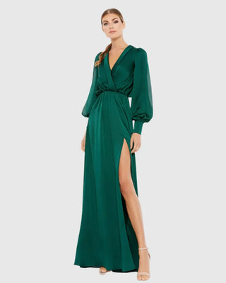 Green Bishop Sleeve Faux Wrap Gown