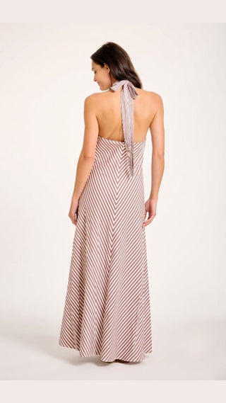 Amore Halter Dress, Brown Stripes