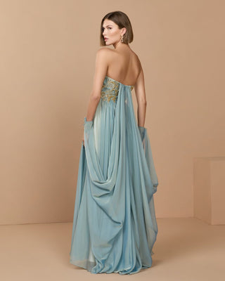 Blue Strapless Embellished Chiffon Cape Gown
