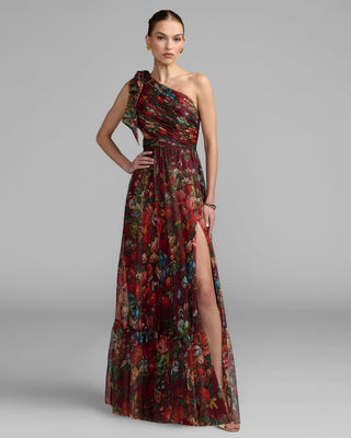 Burgundy One Shoulder Floral Printed Chiffon Side Cut Out Gown