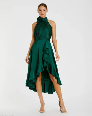 Green Halter Flower Ruffled Midi Dress