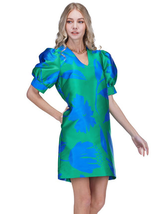 V-Neck Puff Sleeve Dress, Floral Brocade