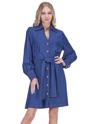Collared Pleated Denim Shirtdress